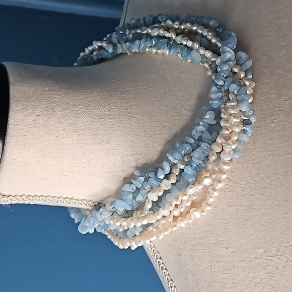 Vintage Aquamarine Blue Stones And Creamy White Pearl Multi Strand Necklace - Picture 5 of 7